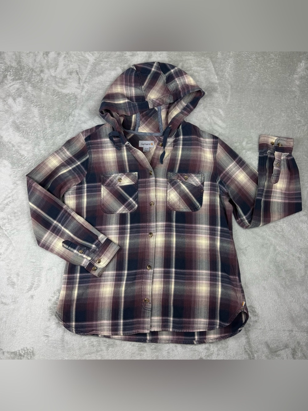 Carhartt Kids Large 12/14 Multi Color Lightweight Button Up Plaid Flannel Hoodie